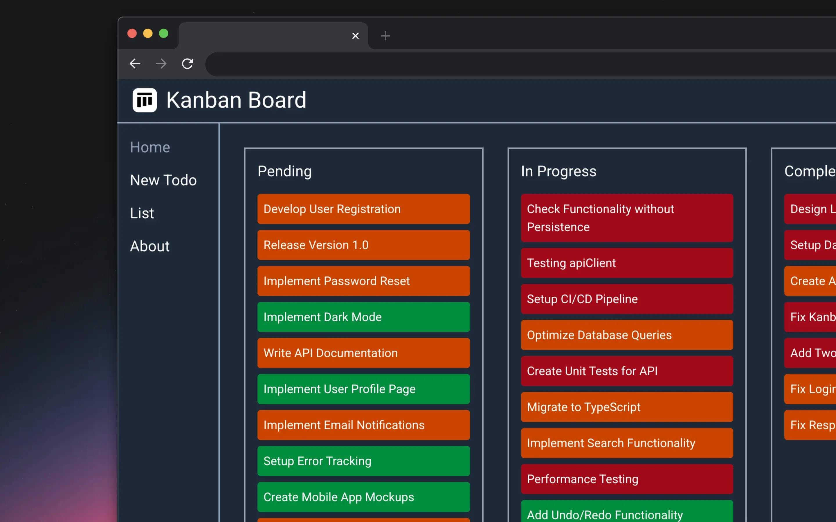 Captura de pantalla del proyecto Kanban