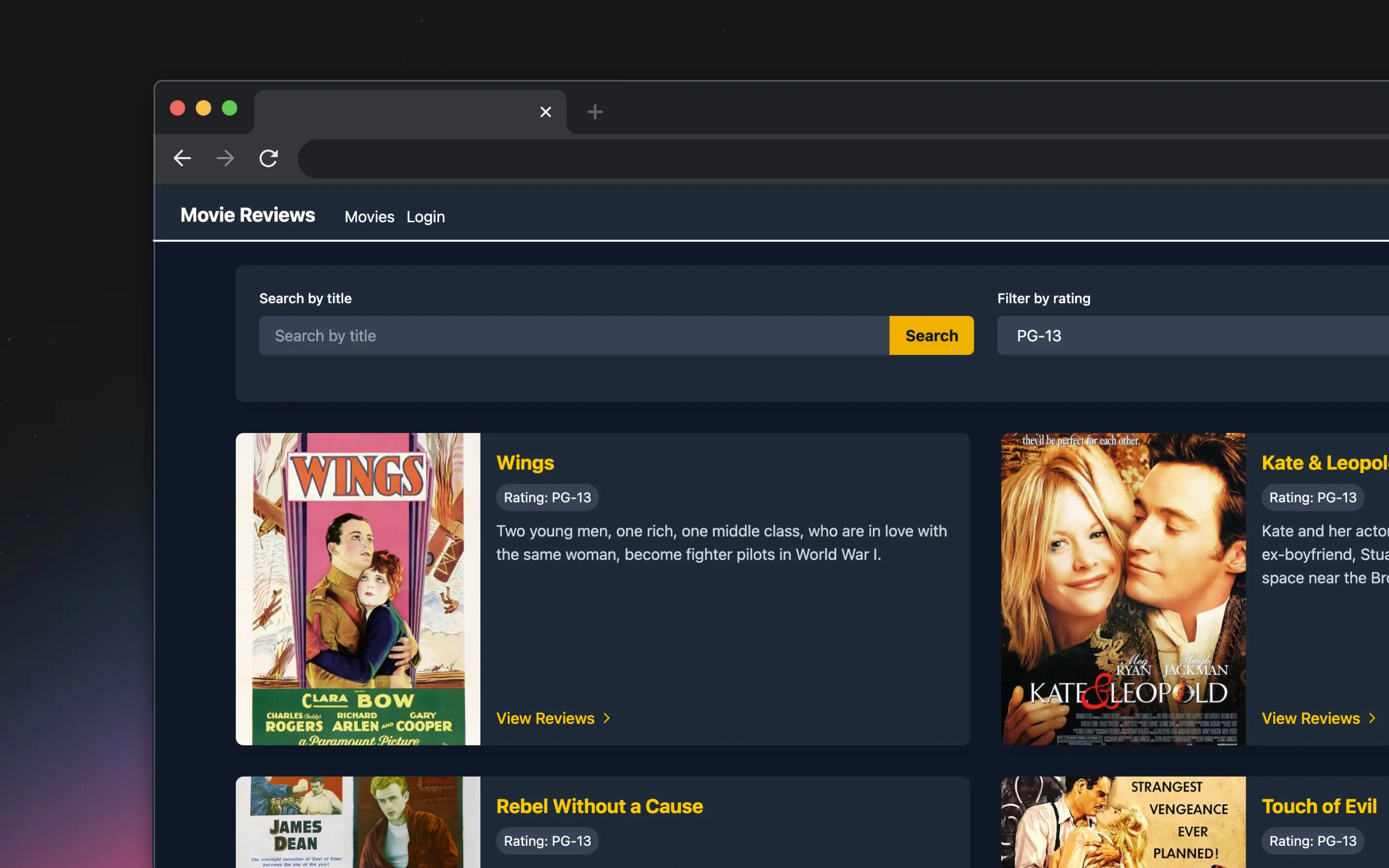 Captura de pantalla del proyecto Movie Review