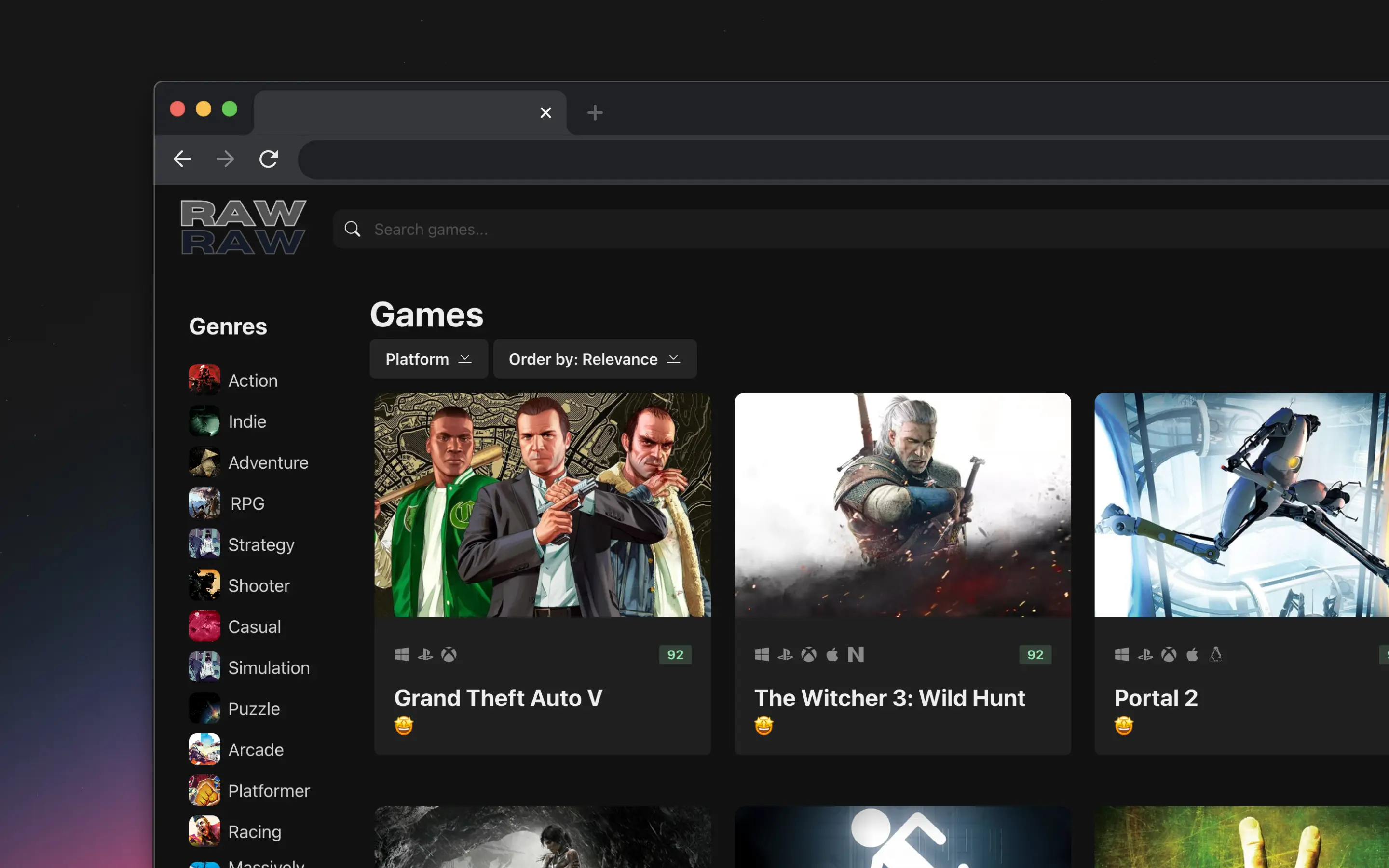 Captura de pantalla del proyecto Raw Games